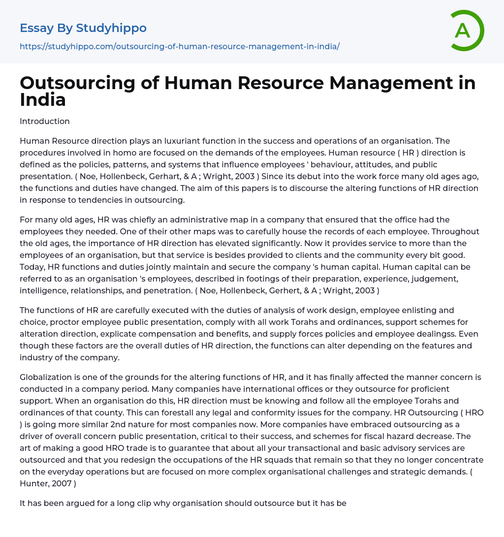 Outsourcing of Human Resource Management in India Essay Example
