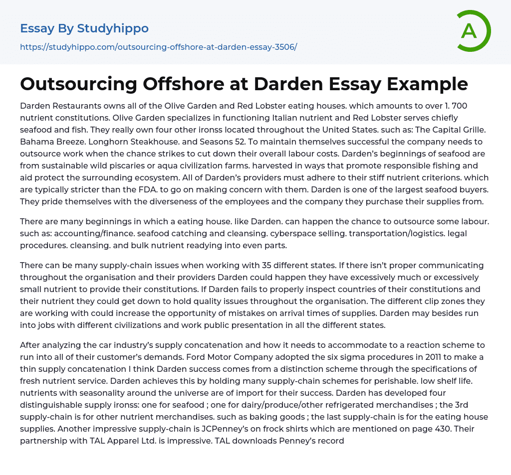 Outsourcing Offshore at Darden Essay Example
