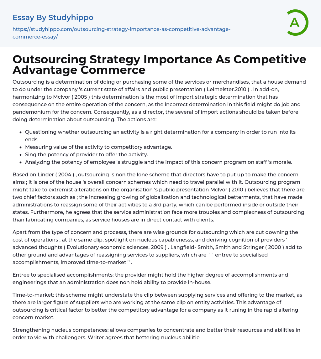 Outsourcing Strategy Importance As Competitive Advantage Commerce Essay Example