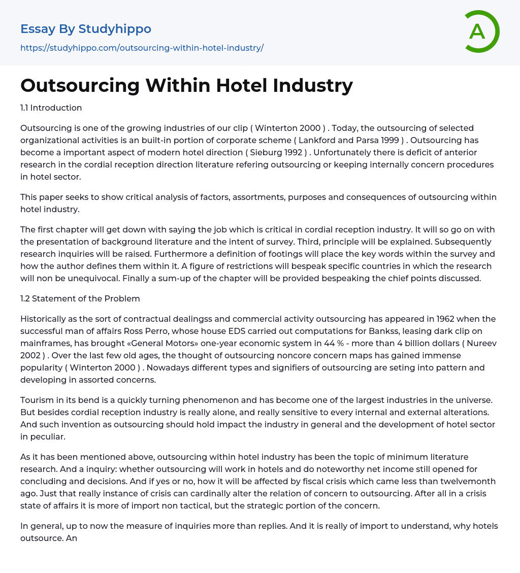Outsourcing Within Hotel Industry Essay Example
