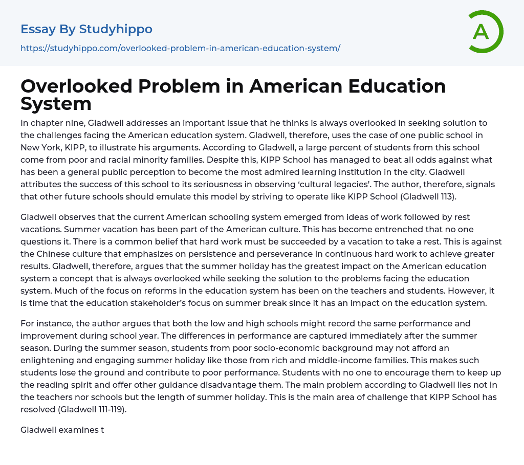 Overlooked Problem in American Education System Essay Example