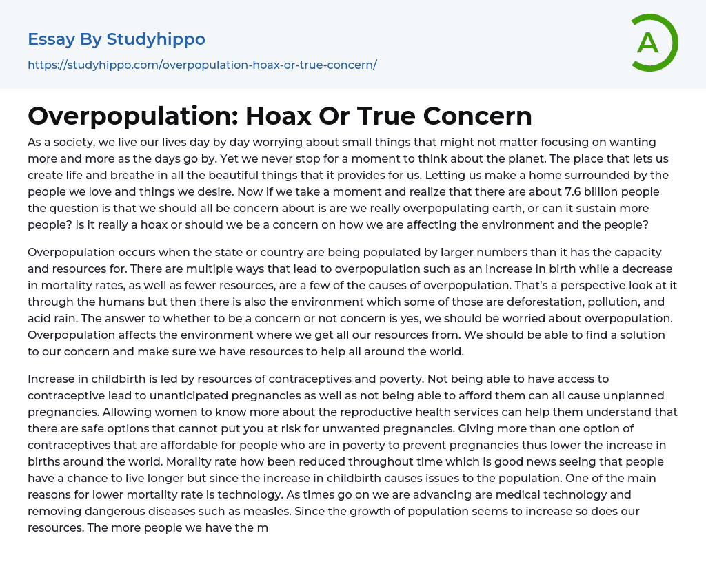 Overpopulation: Hoax Or True Concern Essay Example