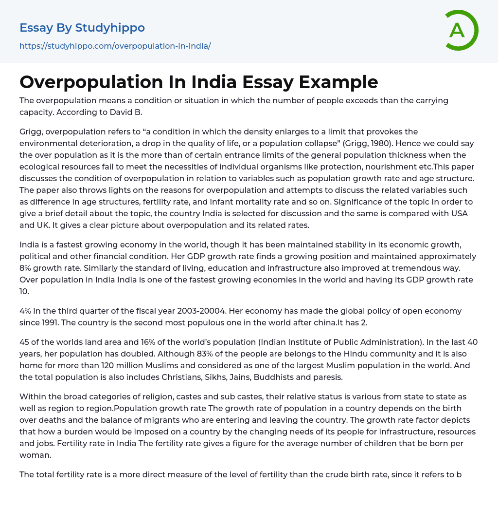 Overpopulation In India Essay Example