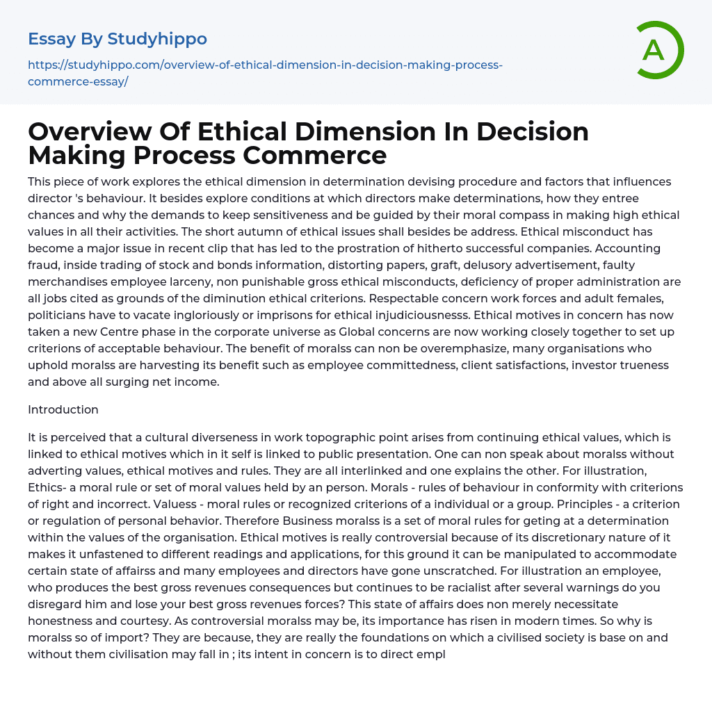 Overview Of Ethical Dimension In Decision Making Process Commerce Essay Example