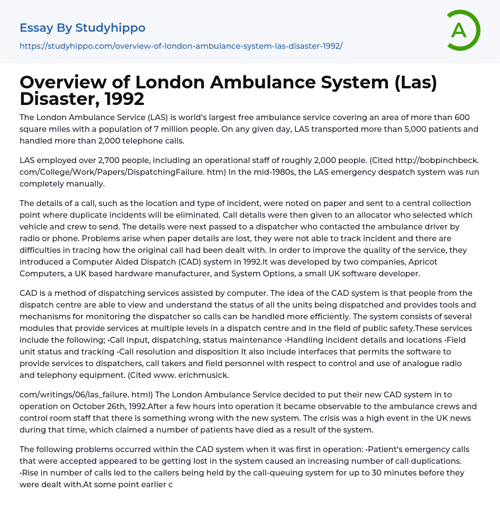 Overview of London Ambulance System (Las) Disaster, 1992 Essay Example