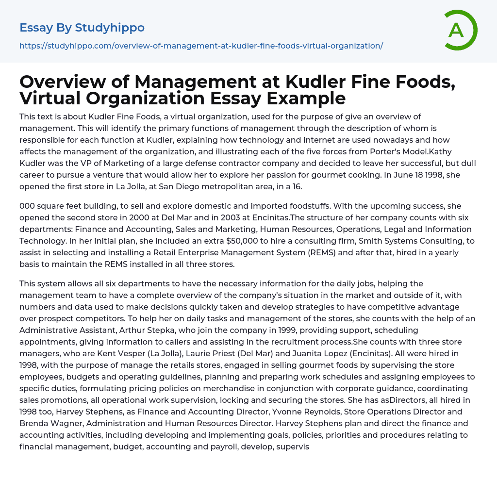 Overview of Management at Kudler Fine Foods, Virtual Organization Essay Example
