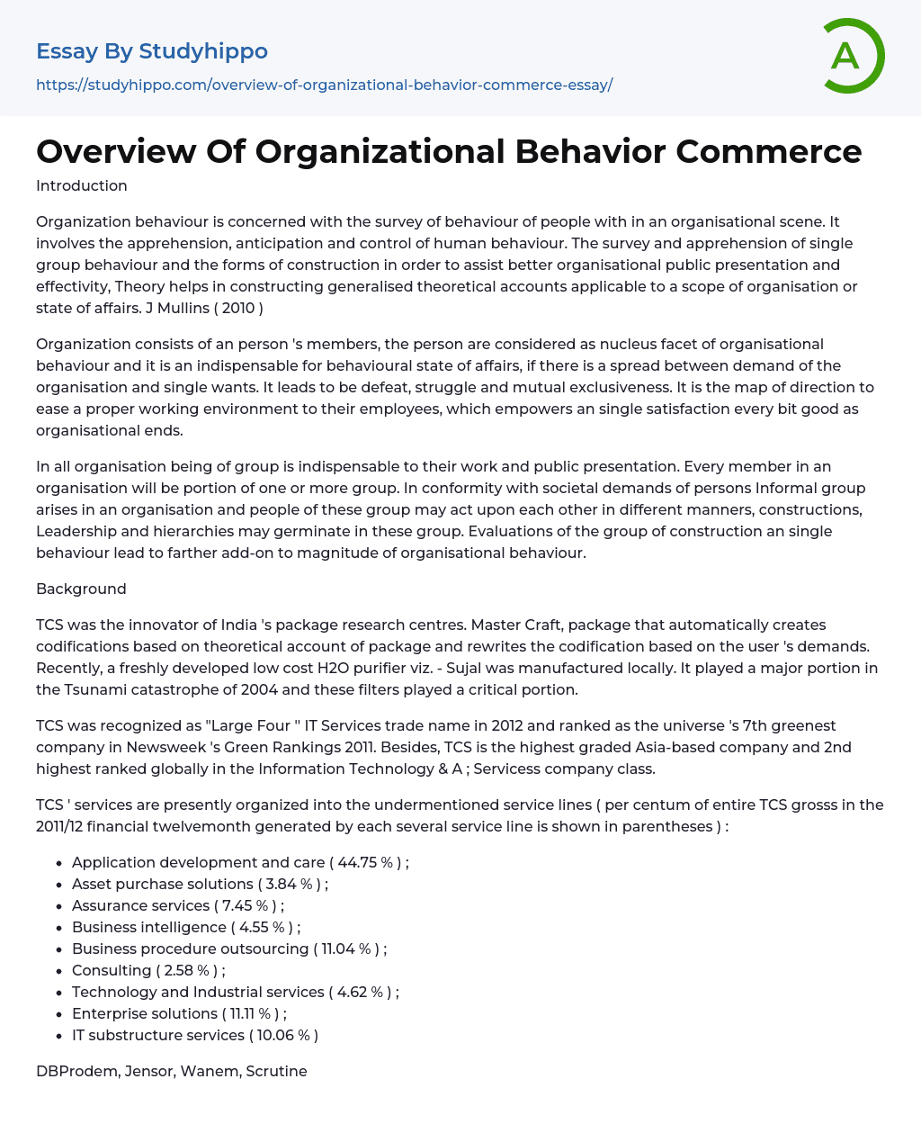 Overview Of Organizational Behavior Commerce Essay Example
