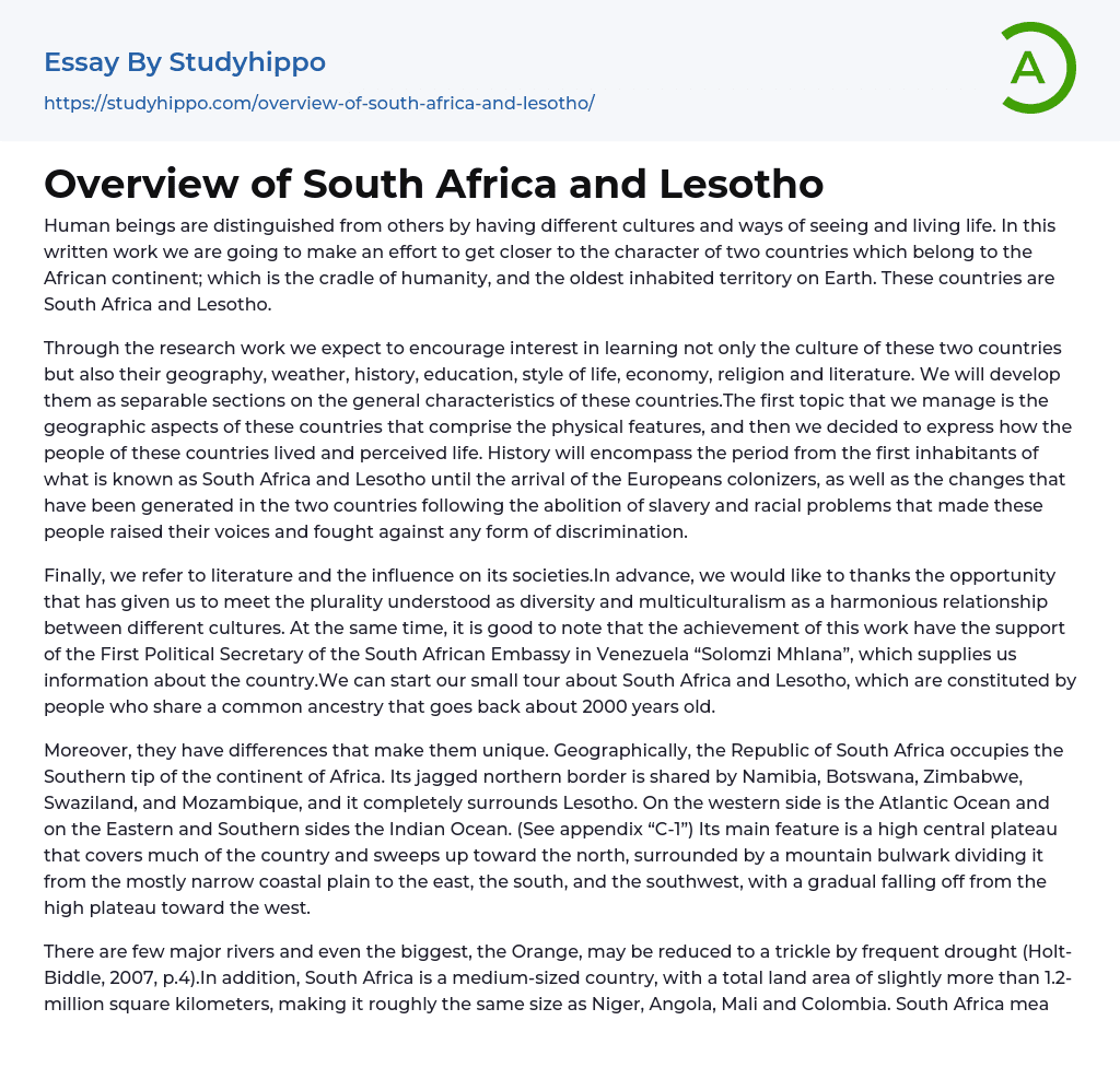 Overview of South Africa and Lesotho Essay Example