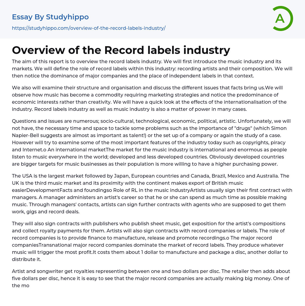 Overview of the Record labels industry Essay Example