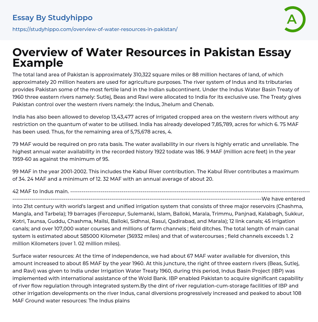 Overview of Water Resources in Pakistan Essay Example