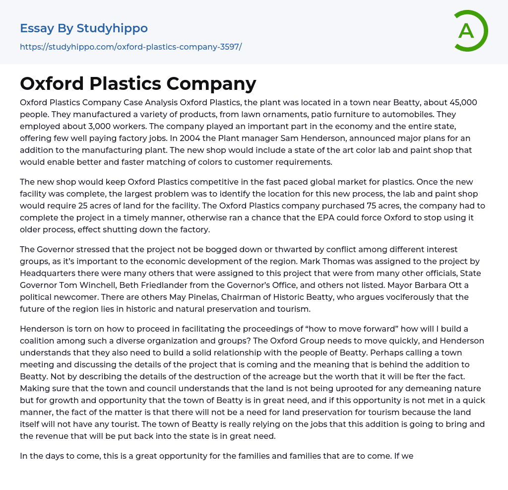 Oxford Plastics Company Essay Example