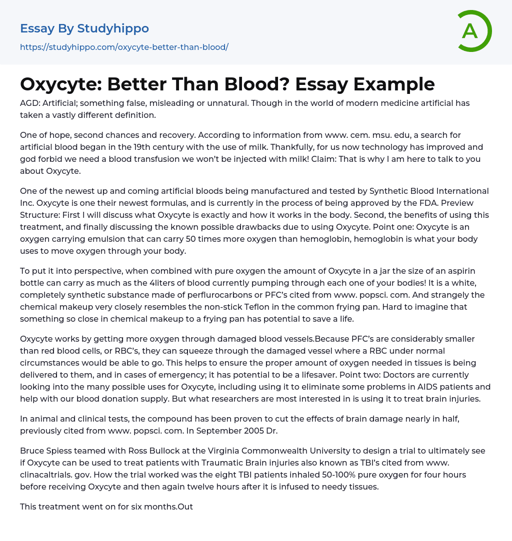 Oxycyte: Better Than Blood? Essay Example