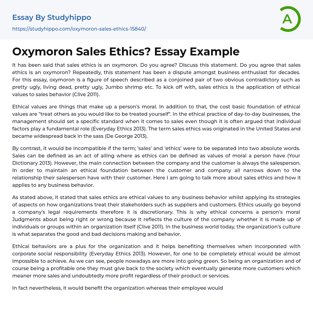 Oxymoron Sales Ethics? Essay Example