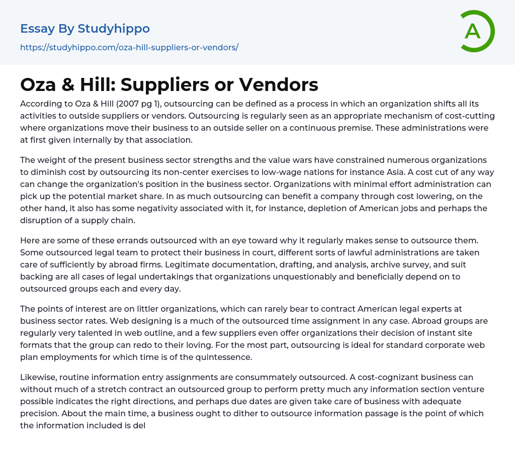 Oza & Hill: Suppliers or Vendors Essay Example