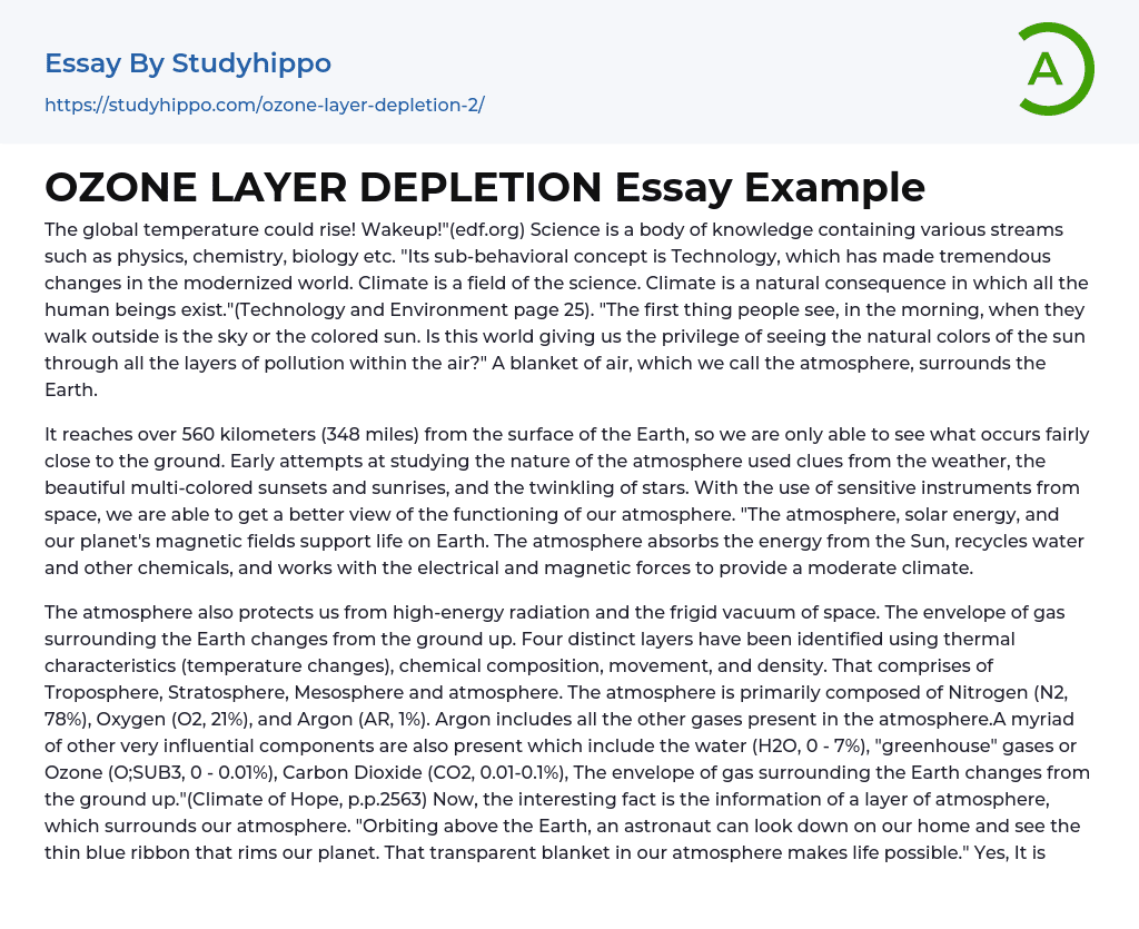 OZONE LAYER DEPLETION Essay Example