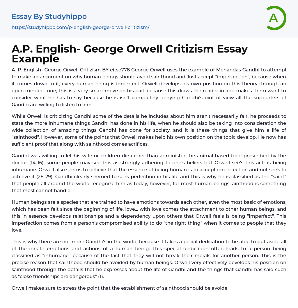 A.P. English- George Orwell Critizism Essay Example