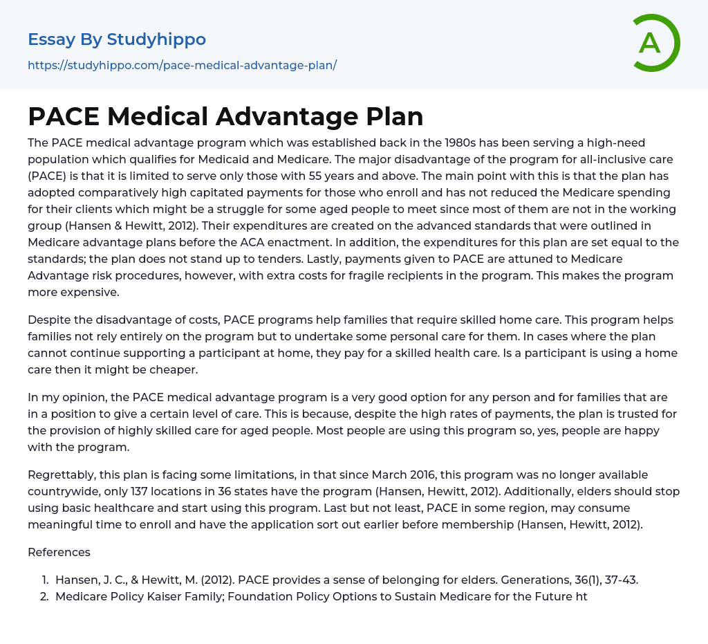 PACE Medical Advantage Plan Essay Example