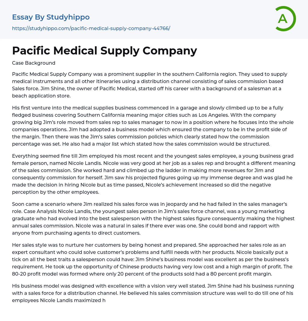 Pacific Medical Supply Company Essay Example