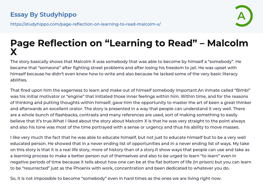 Page Reflection on “Learning to Read” – Malcolm X Essay Example