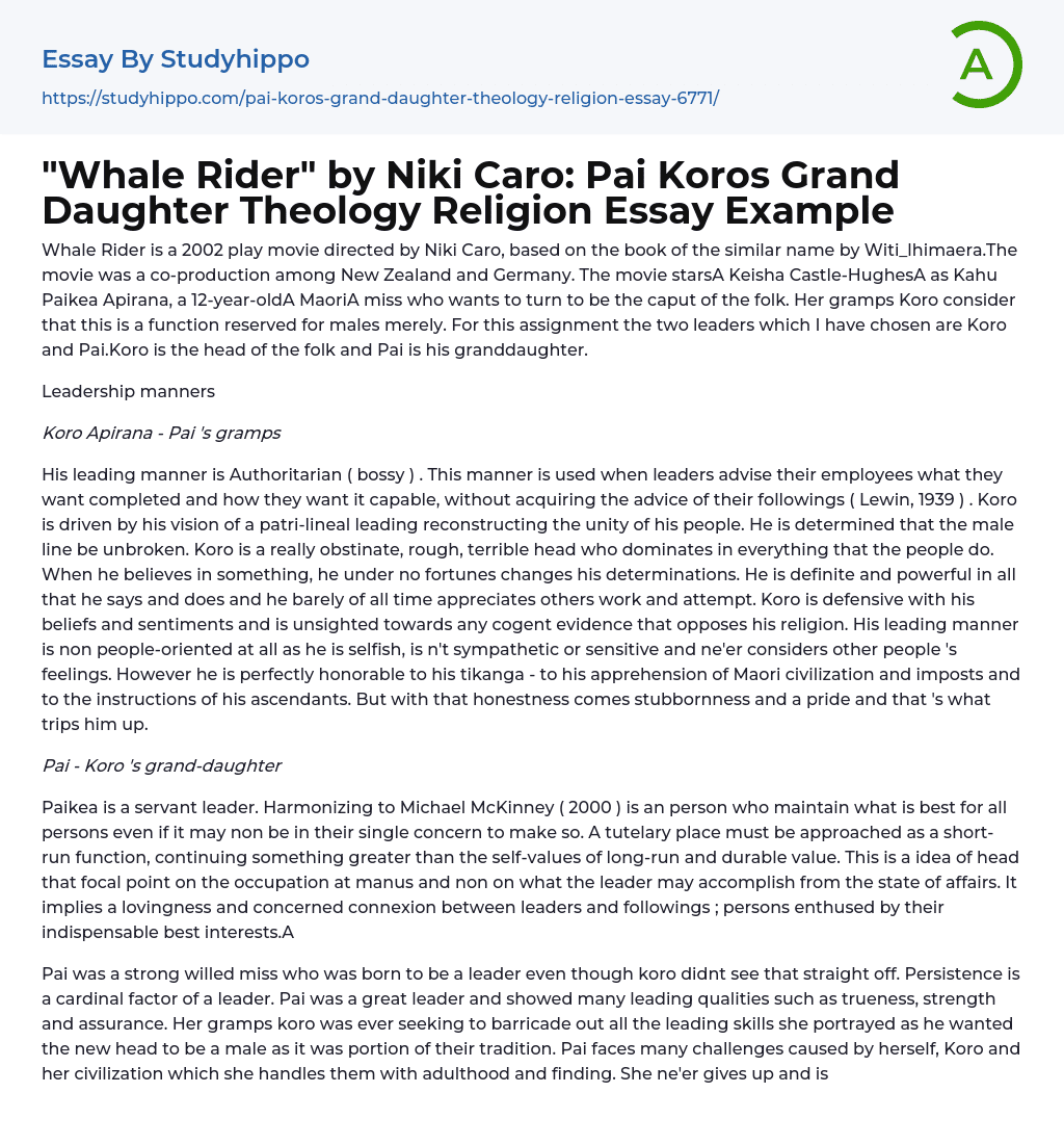 “Whale Rider” by Niki Caro: Pai Koros Grand Daughter Theology Religion Essay Example