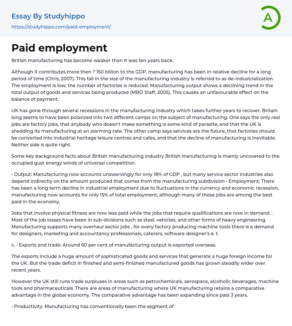 Paid employment Essay Example