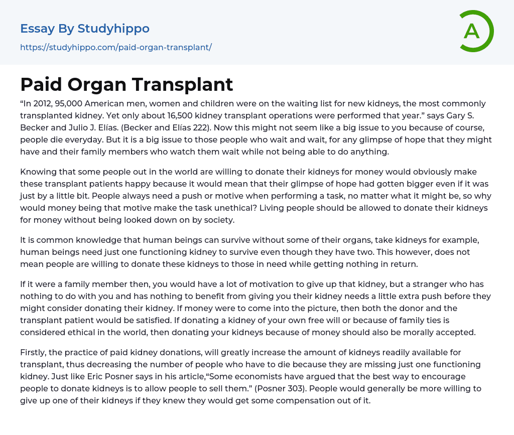 Paid Organ Transplant Essay Example