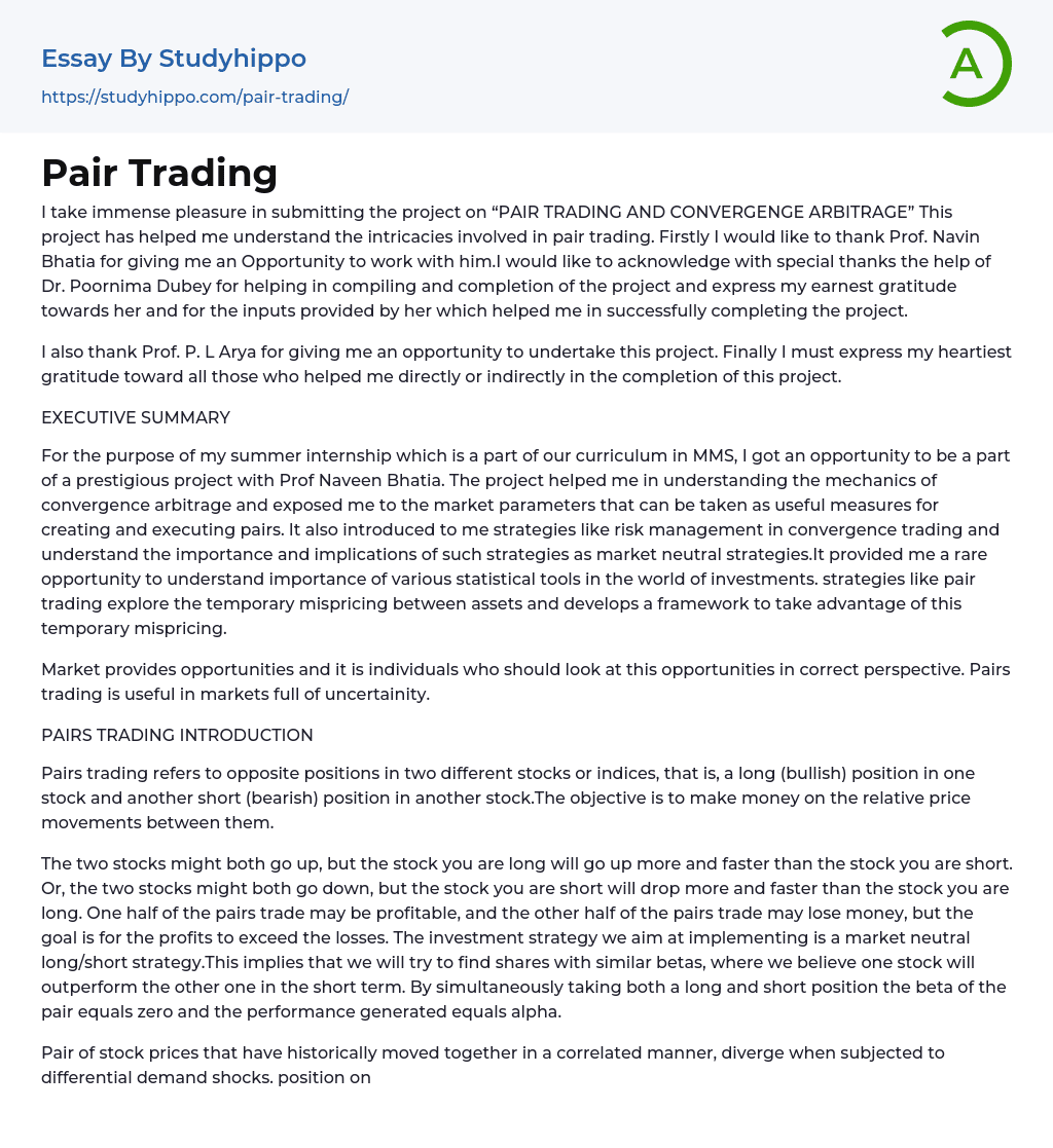 Pair Trading and Convergenge Arbitrage Essay Example