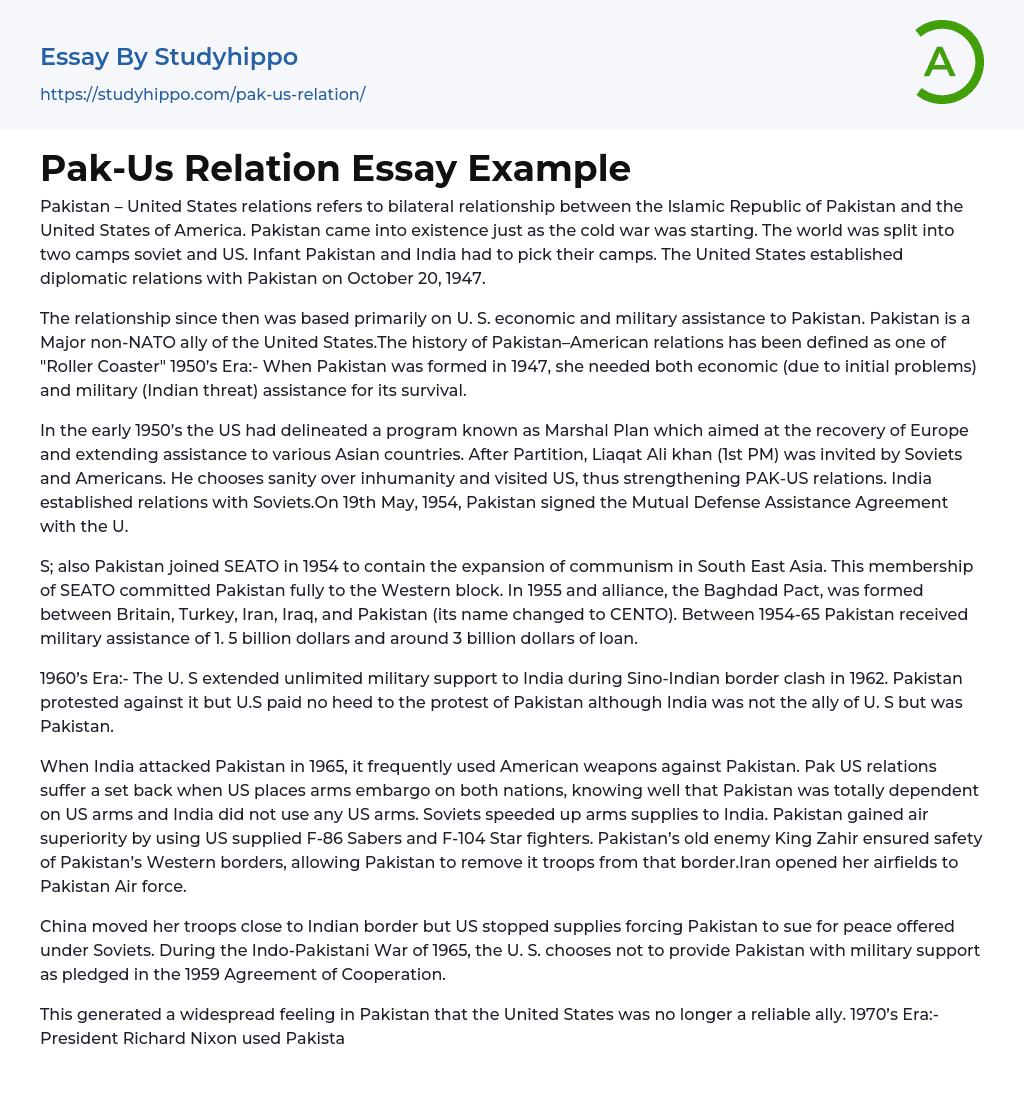 Pak-Us Relation Essay Example