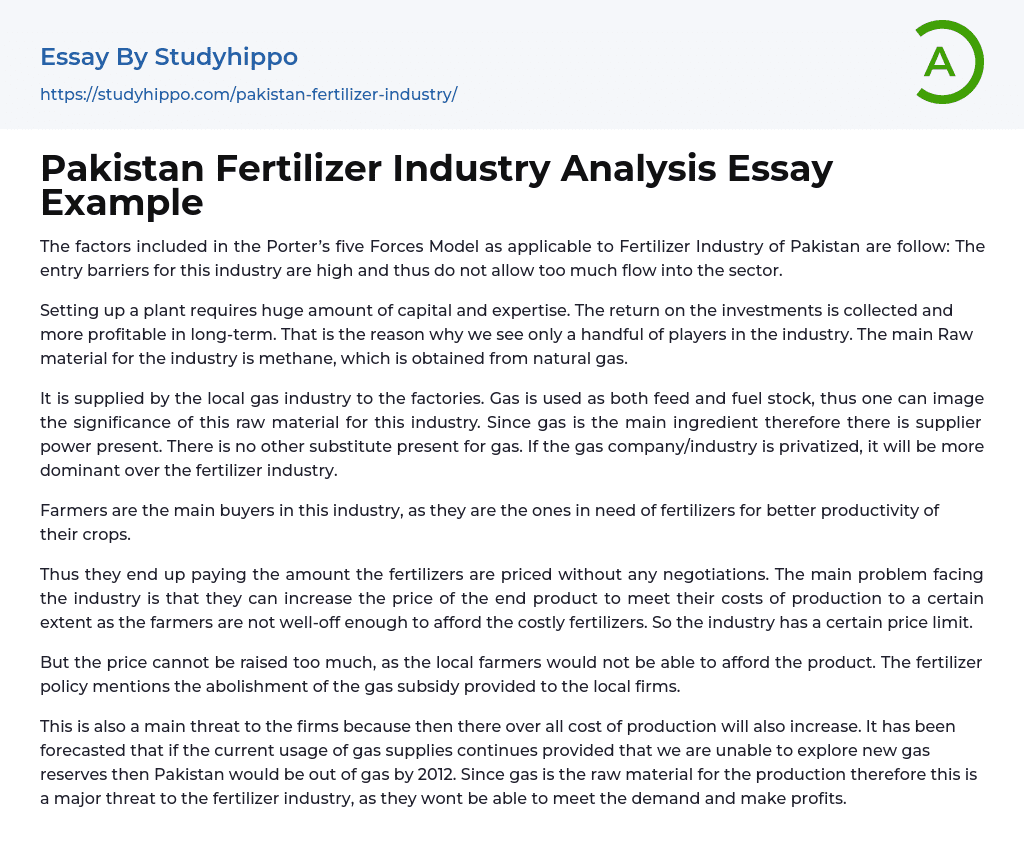 Pakistan Fertilizer Industry Analysis Essay Example