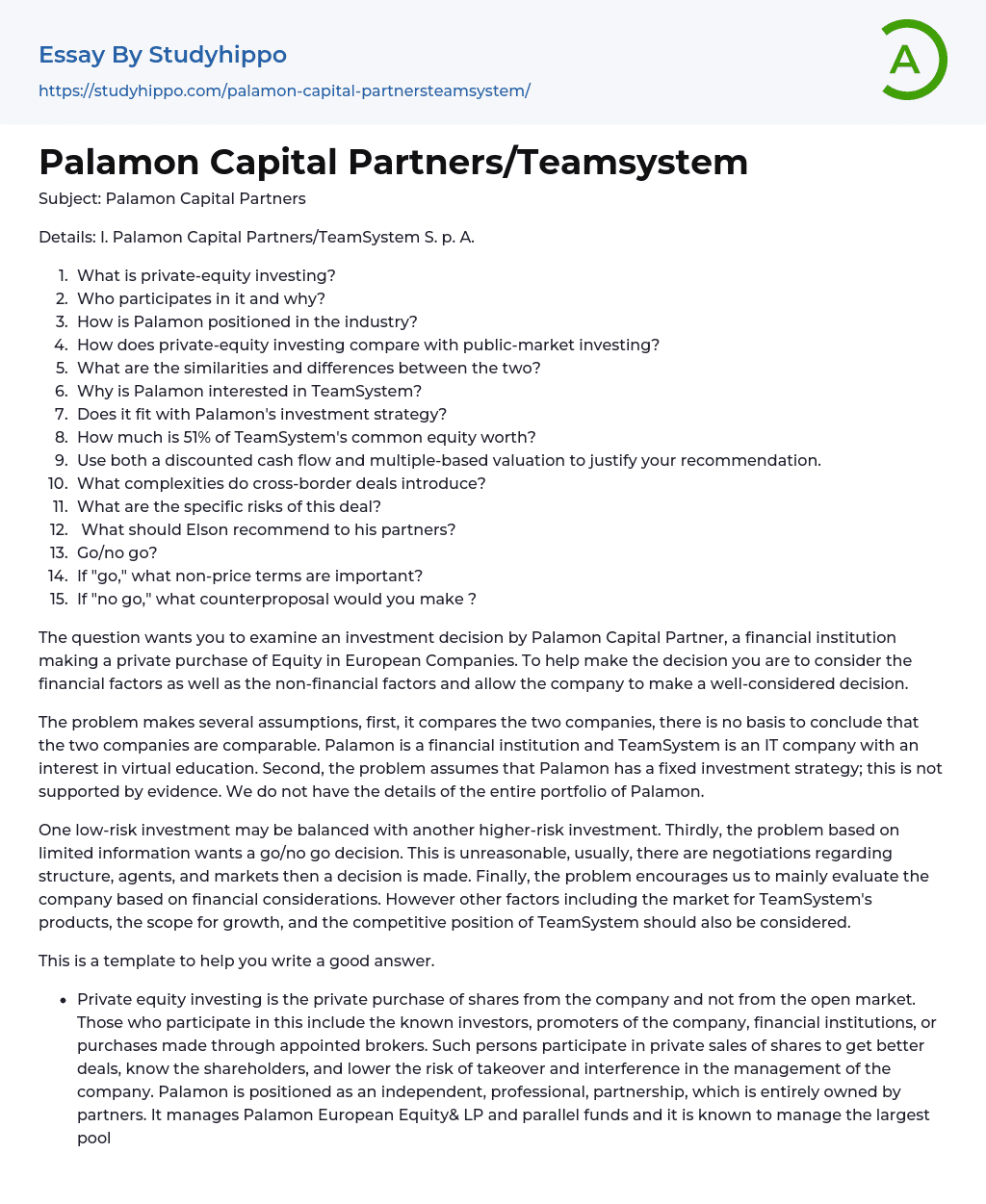 Palamon Capital Partners/Teamsystem Essay Example