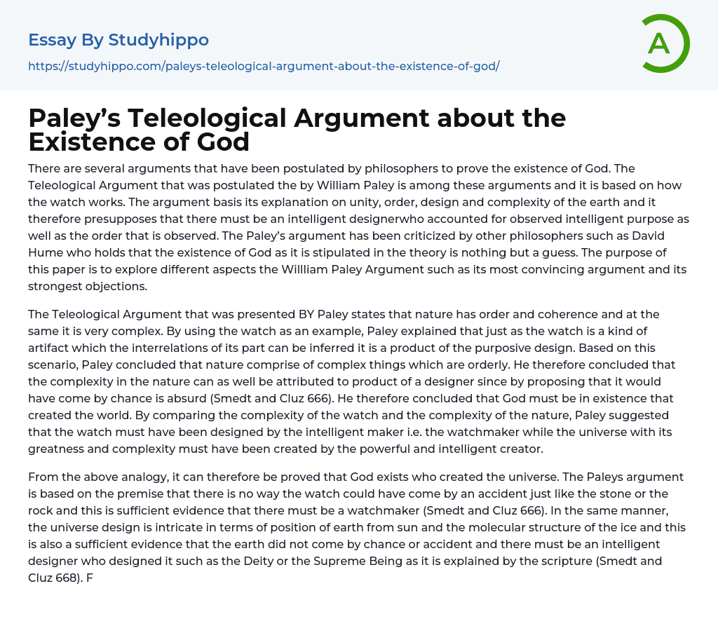 Paley’s Teleological Argument about the Existence of God Essay Example
