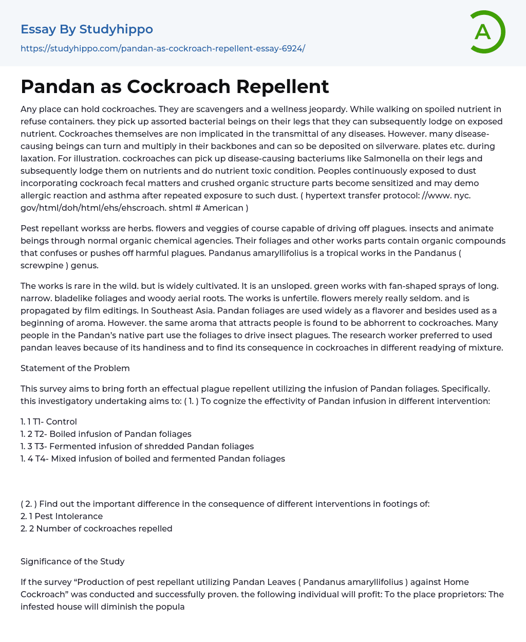 Pandan as Cockroach Repellent Essay Example