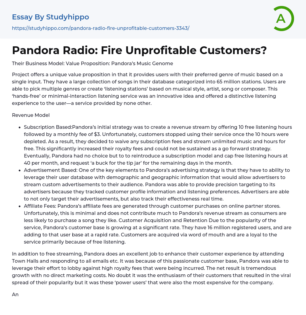 Pandora Radio: Fire Unprofitable Customers? Essay Example