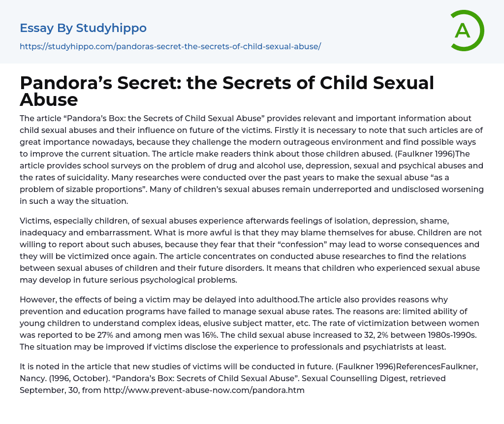 Pandora’s Secret: the Secrets of Child Sexual Abuse Essay Example