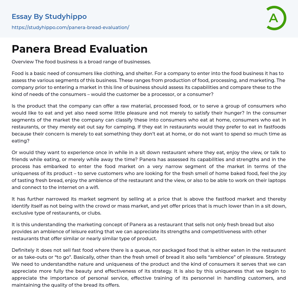 Panera Bread Evaluation Essay Example