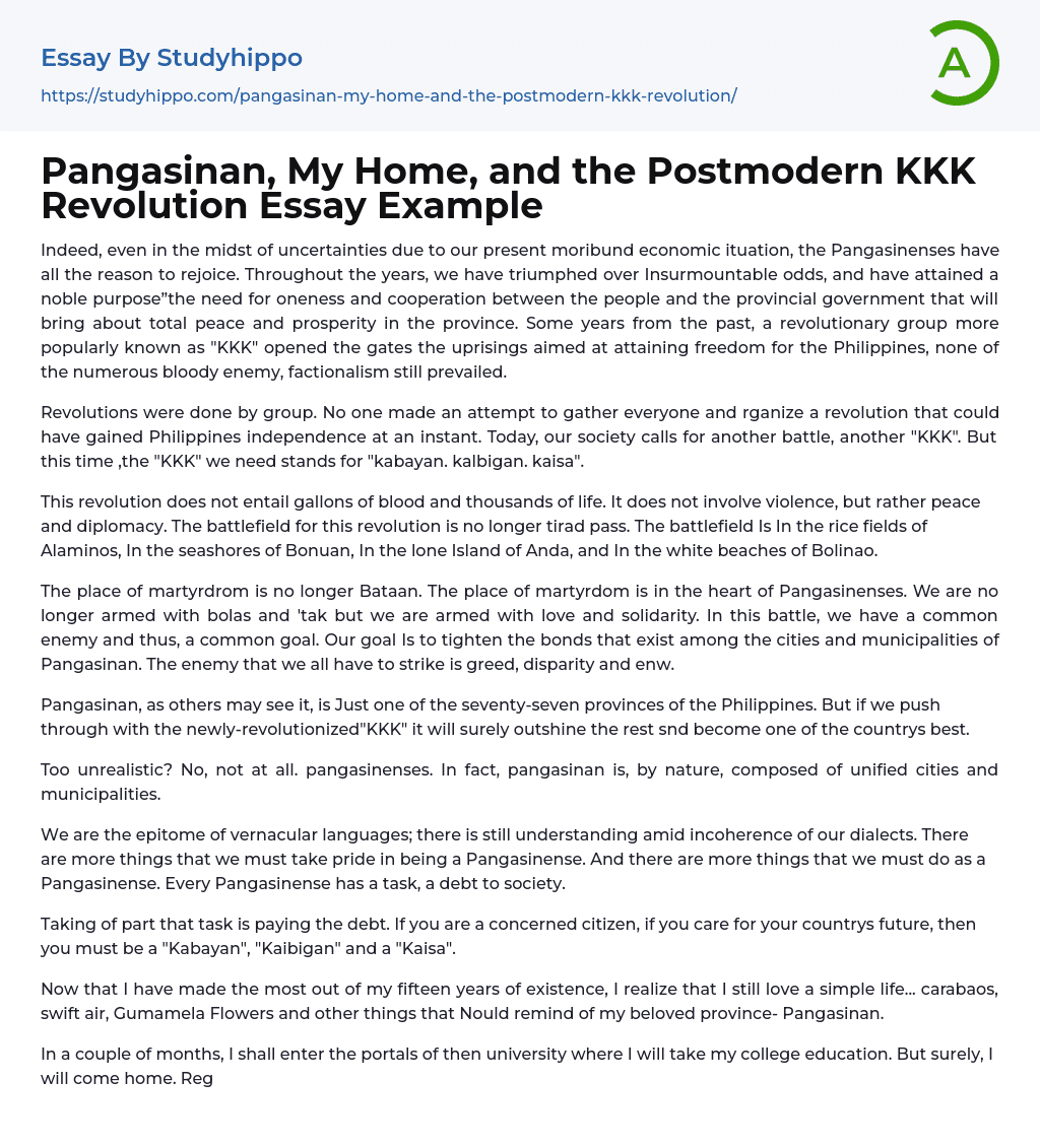Pangasinan, My Home, and the Postmodern KKK Revolution Essay Example