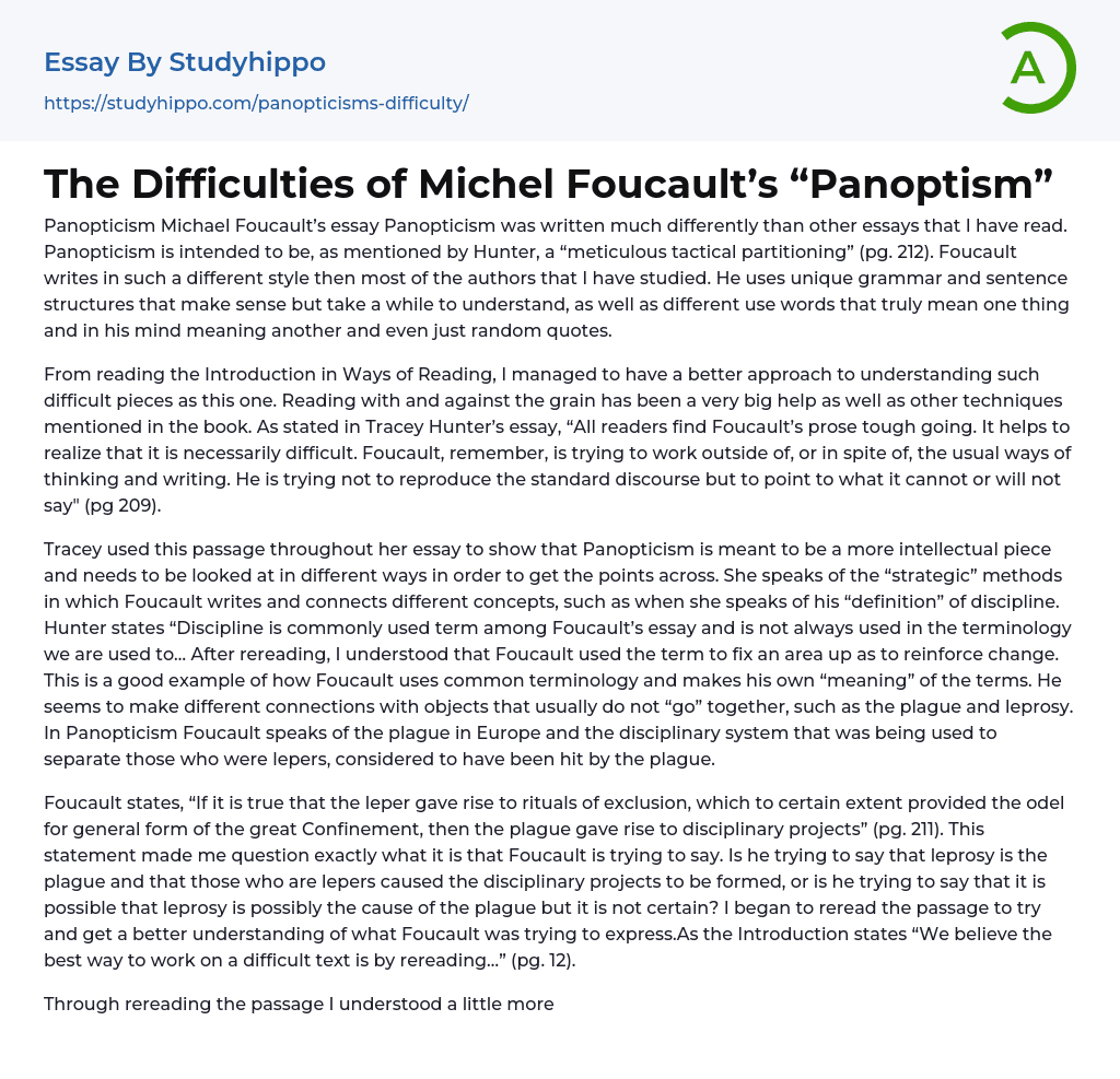 The Difficulties of Michel Foucault’s “Panoptism” Essay Example