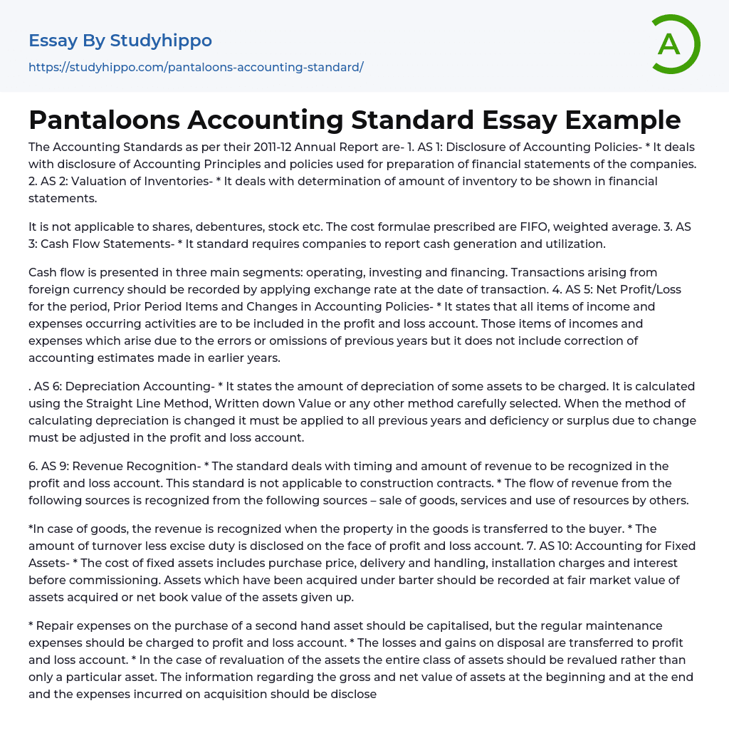 Pantaloons Accounting Standard Essay Example