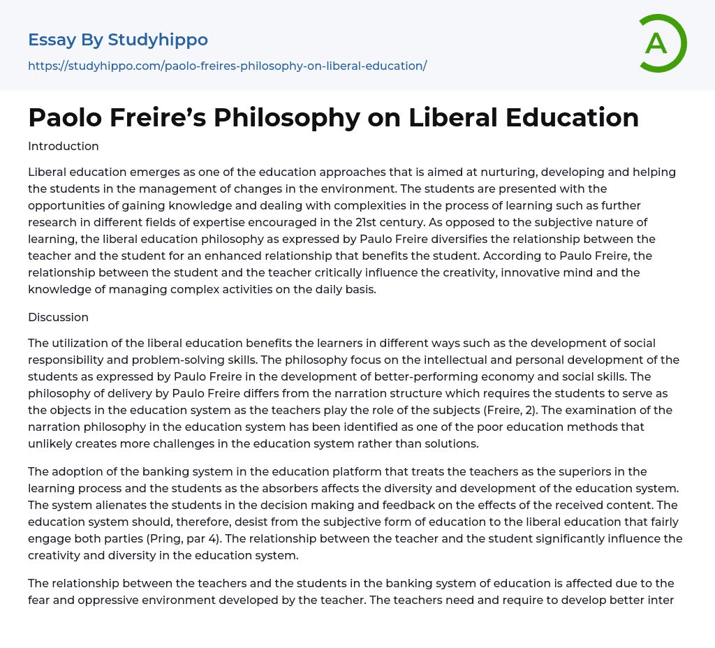Paolo Freire’s Philosophy on Liberal Education Essay Example