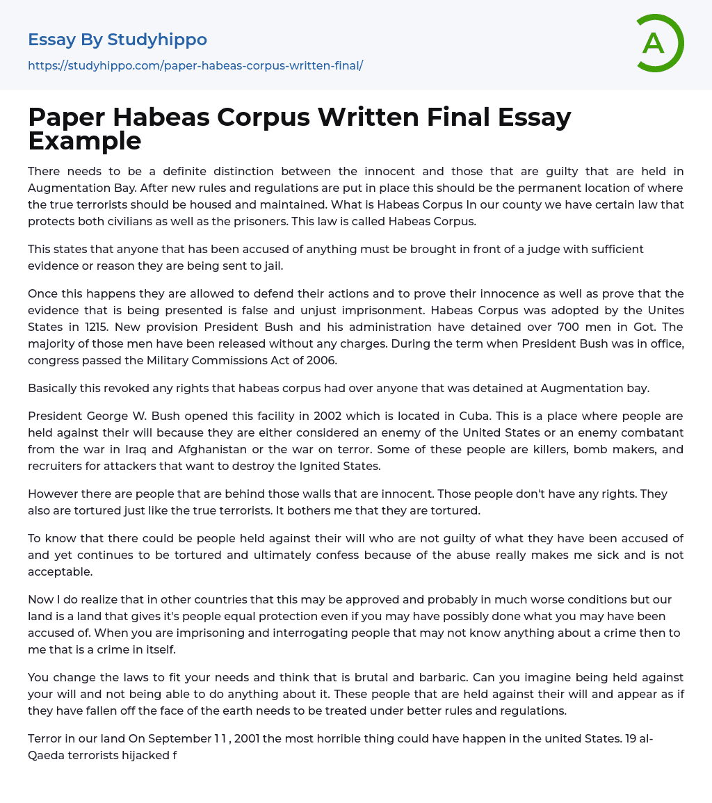Paper Habeas Corpus Written Final Essay Example