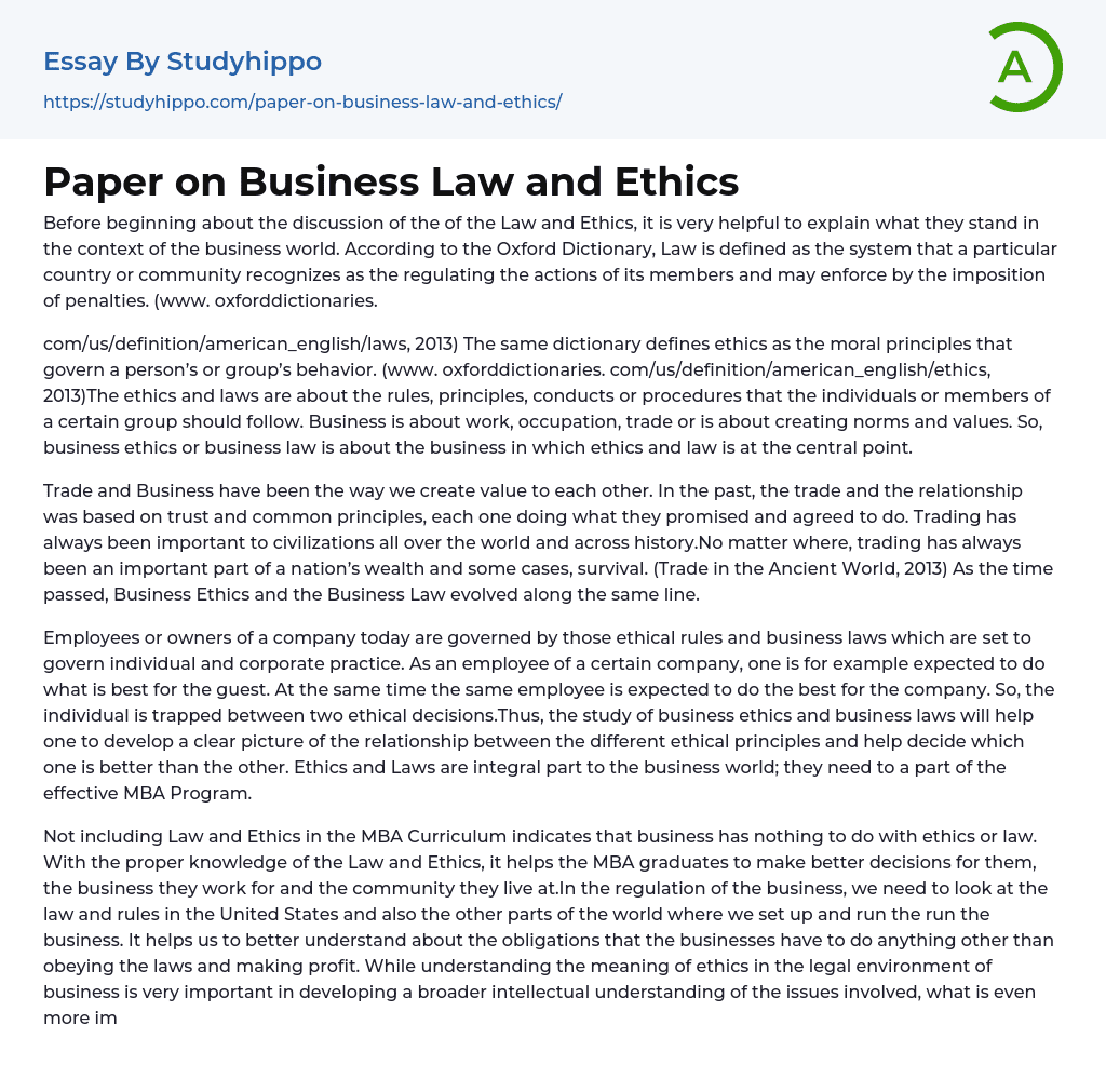 Paper on Business Law and Ethics Essay Example