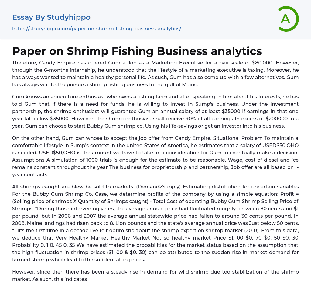 Paper on Shrimp Fishing Business analytics Essay Example