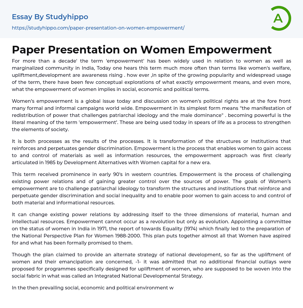 Paper Presentation on Women Empowerment Essay Example