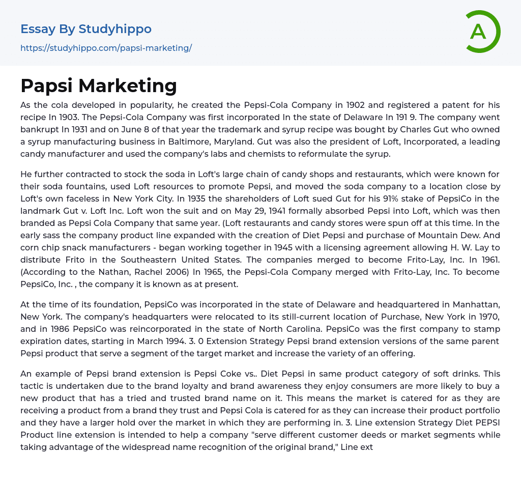 Papsi Marketing Essay Example