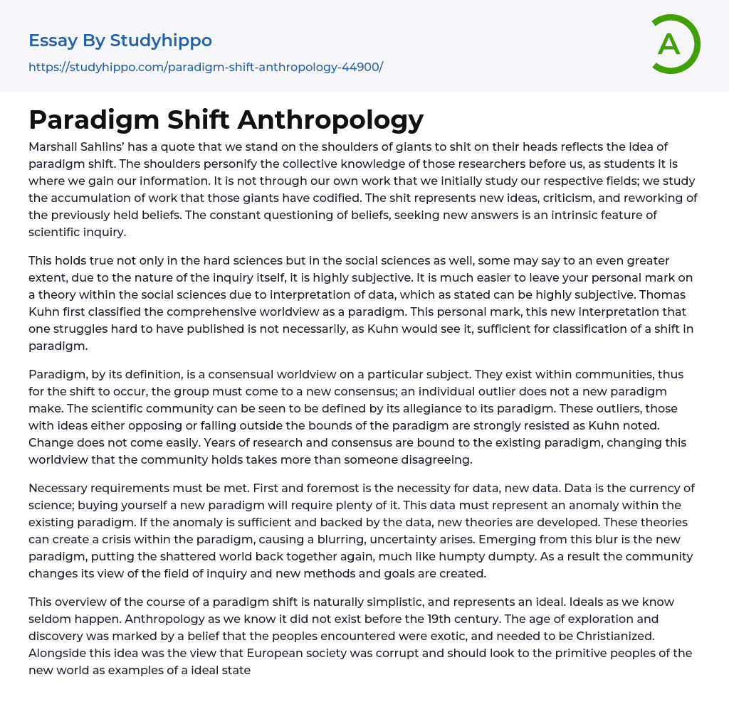 Paradigm Shift Anthropology Essay Example