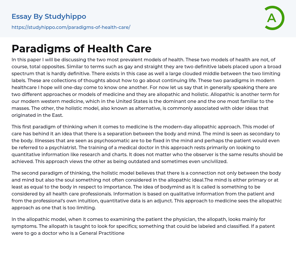 Paradigms Of Health Care Essay Example | StudyHippo.com