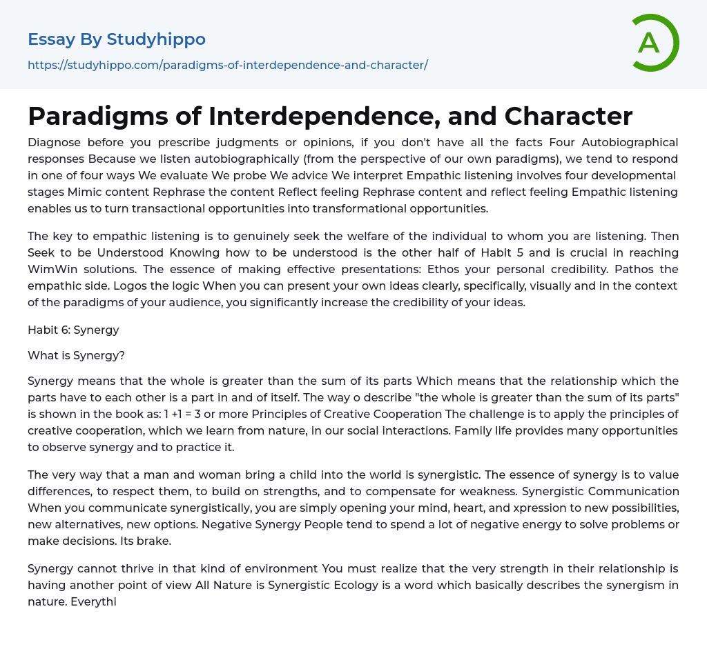 Paradigms of Interdependence, and Character Essay Example