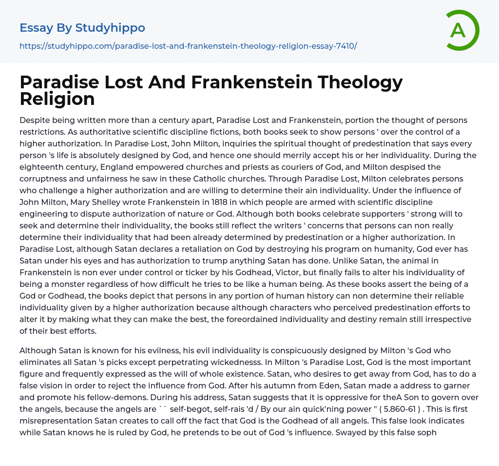 Paradise Lost And Frankenstein Theology Religion Essay Example