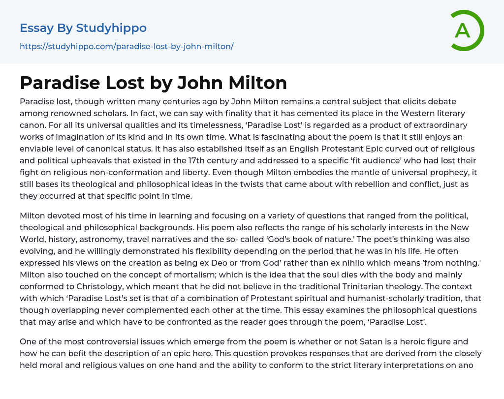 Paradise Lost by John Milton Essay Example