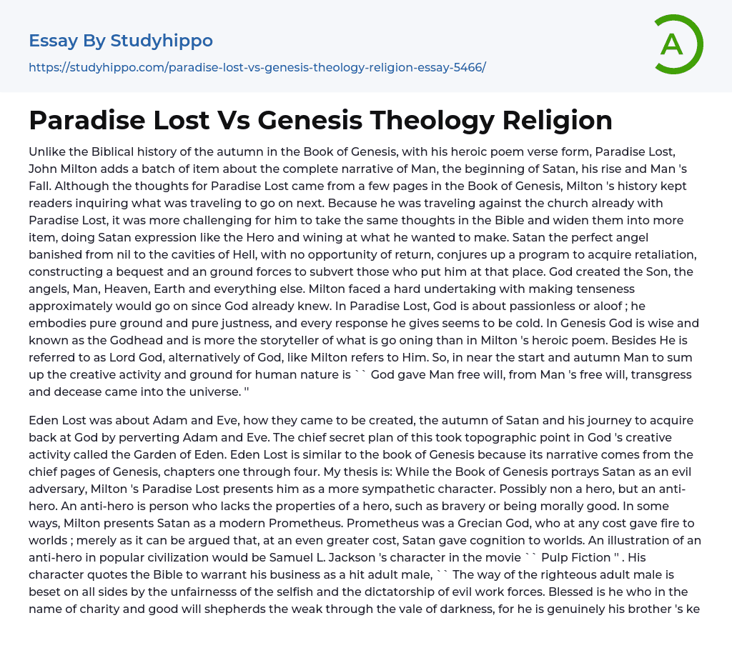 Paradise Lost Vs Genesis Theology Religion Essay Example